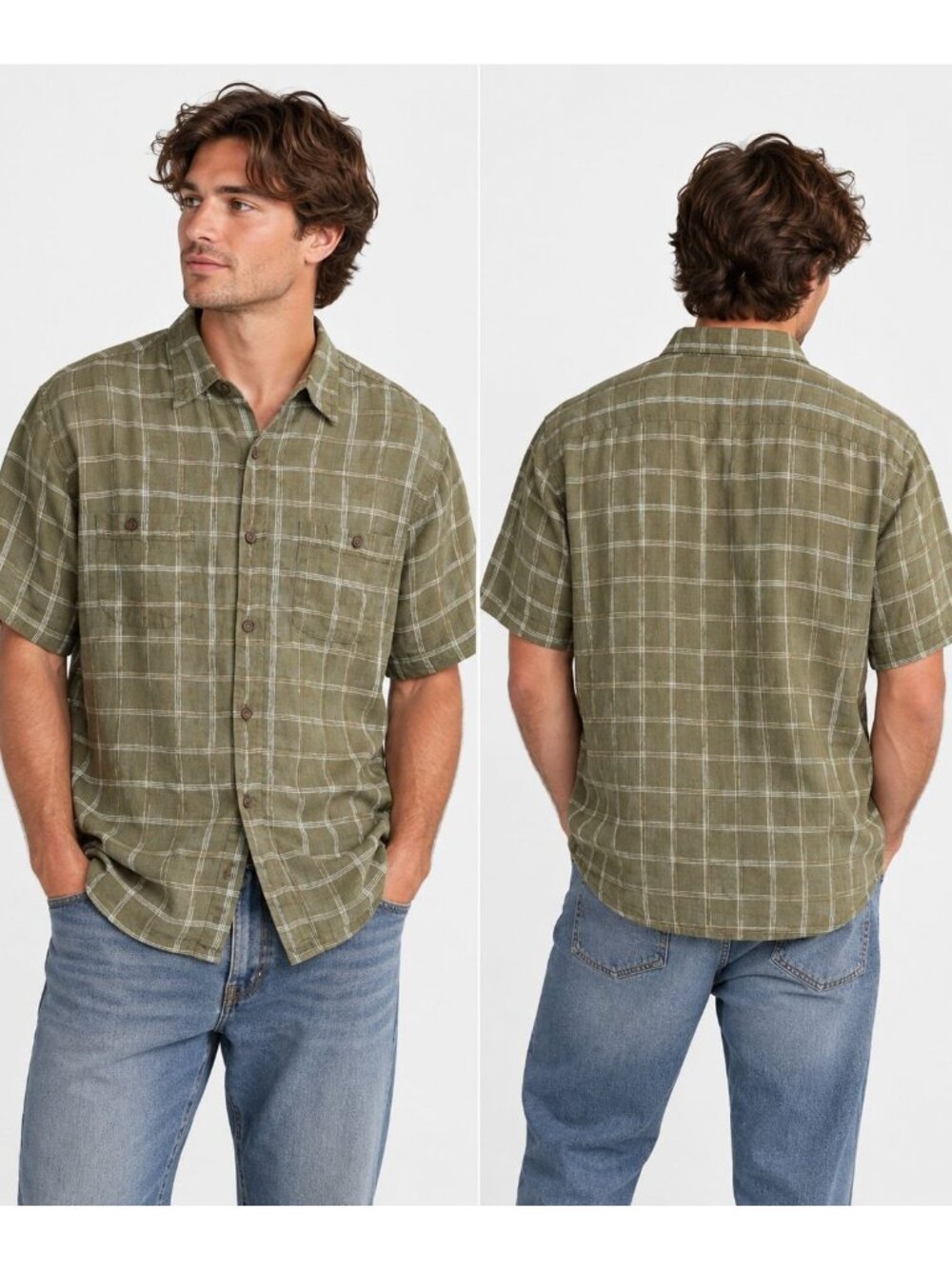 Vintage 90s Y2K The Territory Ahead Linen Shirt Mens M Olive Plaid Short Sleeve